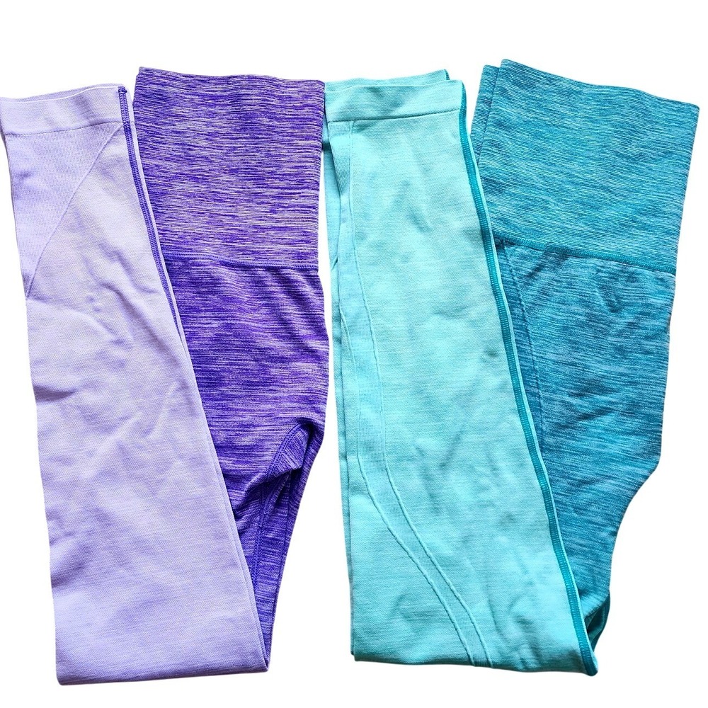 Yelete Womens High Waisted Seamless Leggings Bundle Space Dye Purple Teal S/M M